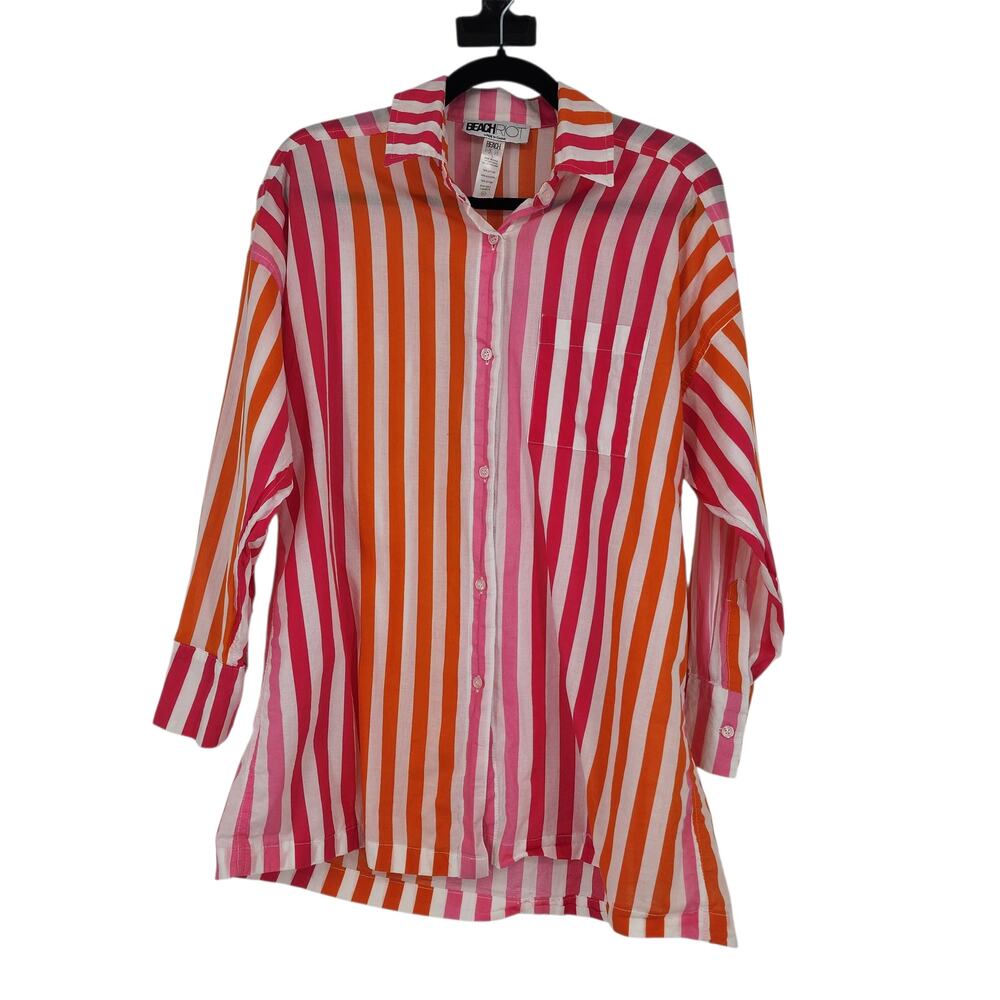 Beach Riot Alexa Sunset Stripes Pink Orange Cotton Button Up Tunic Top Size L/XL